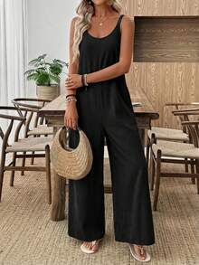 Faunlyn 女士休闲纯色卡其色阔腿连体裤 宽松版型连体裤 阔腿连体裤 度假连体裤 女士休闲连体裤 - 黑色 - 查看 5