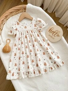 Baby Girl Cute Slouchy Cartoon Bear Pattern Ruffle Hem Knit Nightgown - Multicolor - View 1