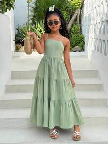 Tween Girls' Casual Vacation Ruffle Strap Backless Bow Tie Dress, Green, Spring/Summer Green Dress For Girl Ruffle Dress Bow Back Dress Sage Dress Girl Girl Tiered Dress - Green - View 4