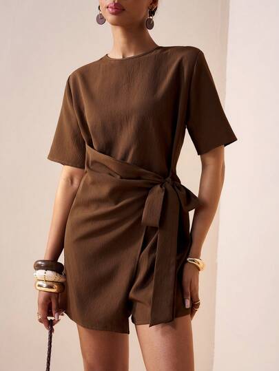 Zivah 2026 Spring/Summer New Music Festival, Easter, St. Patrick's Day, Valentine's Day, Date, Western, Nomadic, Birthday Party, Graduation, College, Student, Daily Casual, Basic, Leisure, Vacation, Cruise, Beach, Sunbathing, Viral Hit, Streetwear, Wedding Guest Boho, Commute, Brunch, Airport, Party, Holiday Outing, Office Wear Brown Linen Halter Crop Top & Mini Shorts Set