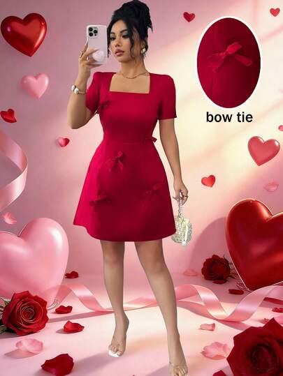 Elenzga A Lady's Elegant Summer Short Dress With A Woven Bow