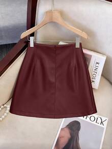 Franclia 女士时尚优雅派对百搭不对称金属扣装饰皮裙 - 酒紅色 - 查看 2