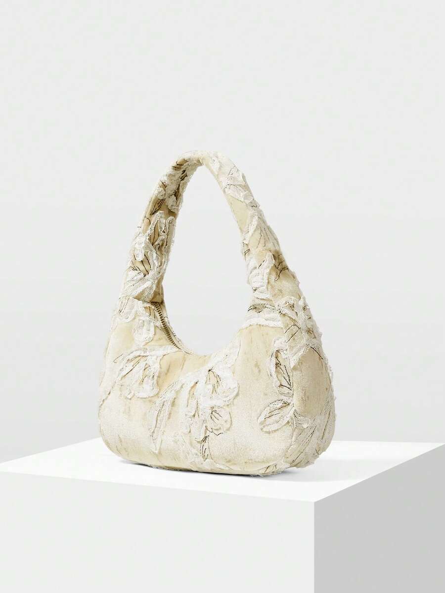 MOTF PREMIUM 女士时尚优雅艺术花卉图案手提包单肩包，适合约会通勤场景 - 米色 - 查看 1