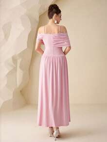 Modelyn 女士高端褶皱露肩粉色连衣裙，小众串珠腰部优雅长裙 - 粉色 - 查看 3