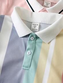 SHEIN 3件套男童休闲运动学院风彩色条纹印花图案Polo衫，适合儿童，返校季，日常穿着，学校，户外活动，春夏两季，夏季适用，复活节男童礼物 - 彩色 - 查看 7