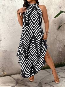 EMERY ROSE Plus Size Mandarin Collar Sleeveless Asymmetrical Print Loose Fashion Summer Dress - Black - View 8