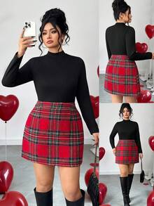 Elenzga Plus Size Women Elegant 2-Piece Set Solid Stand Collar Long Sleeve T-Shirt And Plaid Midi Skirt,Black And Red,Autumn,Smart Casual,Everyday Club Outfit - Black - View 1