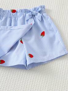 Cozy Pixies Baby Girl Blue Striped Strawberry Pattern Knit Soft Butterfly Decor Elastic Waist Skorts - Blue - View 5