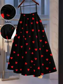 GlowEve CURVE 大码优雅心形半身裙，百搭休闲，适合度假穿着。不对称心形印花A字裙，高腰弹力腰带，舒适显瘦，尽显温柔、精致优雅的气质。适合通勤、日常穿着、夏季、派对、海滩、约会、毕业典礼、商务等各种场合，是情人节都市时尚的理想之选。 - 黑色 - 查看 3