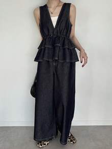 FRIFUL 女士深V领荷叶边下摆抽绳腰吊带背心和阔腿牛仔裤套装 - 藍色 - 查看 4