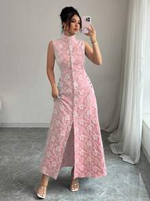 Elenzga 女士时尚优雅提花单排扣无袖连衣裙 女装长裙开衩新款连衣裙 女士正装 - 粉色 - 查看 4