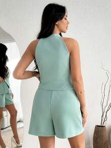 SHEIN Women Belted Detailed Vest And Short Suit Sets - Mint Green - View 2