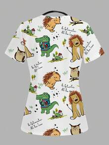 Poshira Casual Cartoon Animal Print Scrub Uniform Top - Multicolor - View 2
