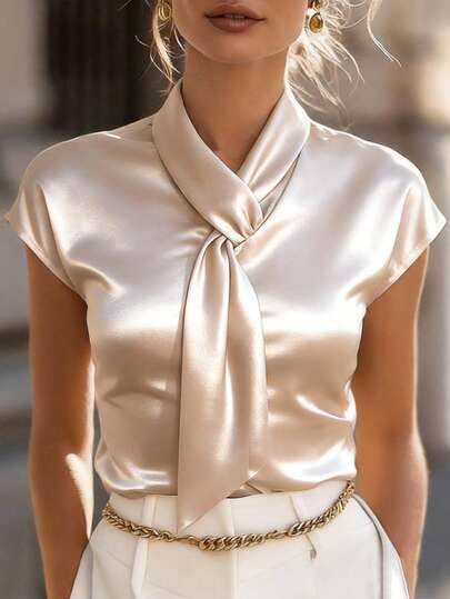 EMERY ROSE Women's Blouse, Women's Solid-Colored Champagne, Apricot-Colored Blouse With Flowing Collar, Women's Cap Sleeves Short-Sleeved Summer, Outerwear That Fits Well, Elegant, Stylish, Versatile, Business Casual Solid-Colored Top, Office Attire, Everyday Wear, Guest Party Attire, Birthday Party. Satin Blouses For Women Satin Shirts For Women Elegant Blouses Satin Tops Silk Top Working Blouse Women S Tops And Blouses Women S Work Clothes For The Office Work Outfits Women Blouse For Women Elegant Classy Bow Tops For Women Blouse For Women Formal Attire