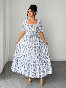 Elenzga 大码女式方领泡泡袖系腰喇叭下摆印花连衣裙，优雅户外穿着 - 藍色 - 查看 3