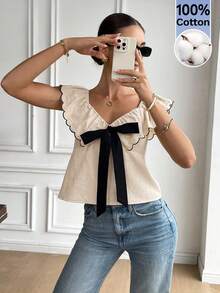 Serisse Áo kiểu nữ mùa hè kiểu Pháp 100% cotton màu trơn trang trí nơ, viền bèo nhún, áo sơ mi nữ trơn có bèo nhún, cổ áo thanh lịch và ruy băng, trang phục đi nghỉ mát cho nữ, trang phục miền Tây cho nữ, trang phục mùa hè cho nữ, trang phục thường ngày cho kỳ nghỉ, trang phục nghỉ dưỡng. - Màu be - Xem 6