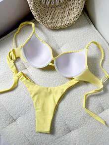 Yellow Tie-Up Bikini With Underwire & Spaghetti Strap - Yellow - View 2