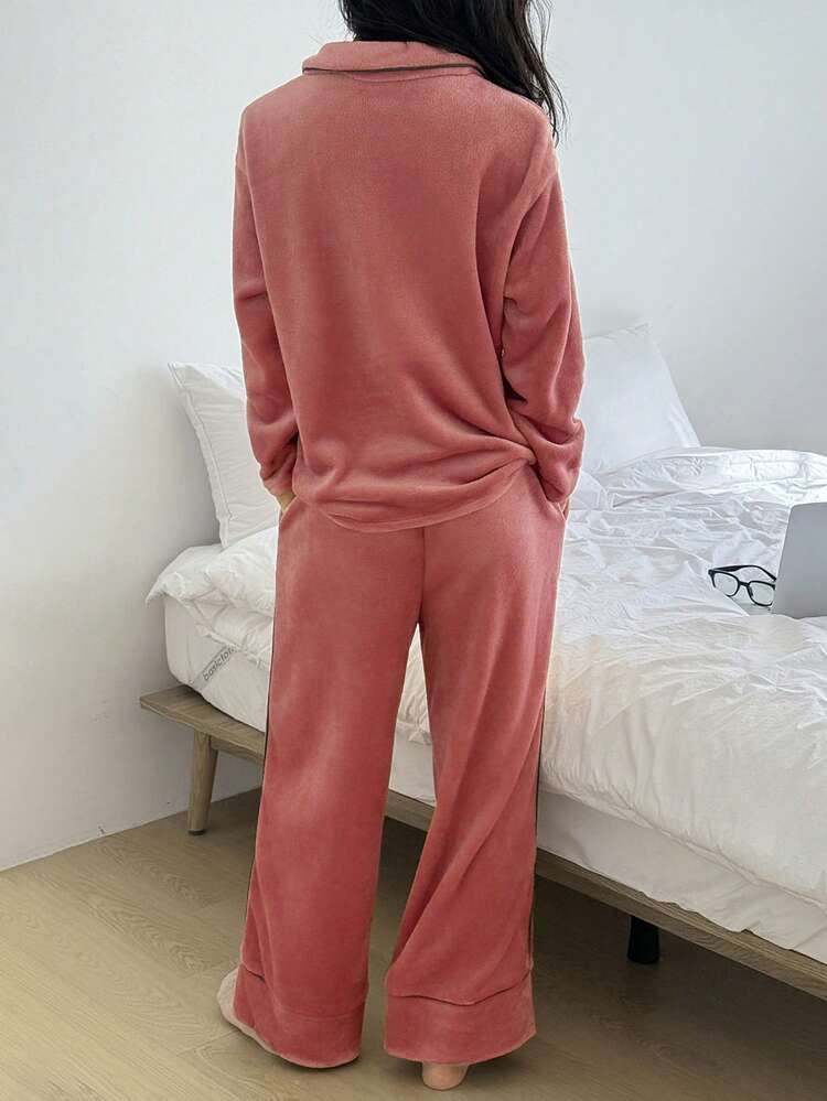 2pcs Women Plush Contrast Trim Loose Cardigan Long Sleeve & Pants Pajama Set, Winter