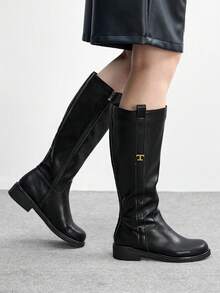 CUCCOO BIZCHIC 女士复古修身高筒骑马靴，深色PU材质，粗跟圆头过膝长靴，秋冬新款百搭单品 - 黑色 - 查看 5