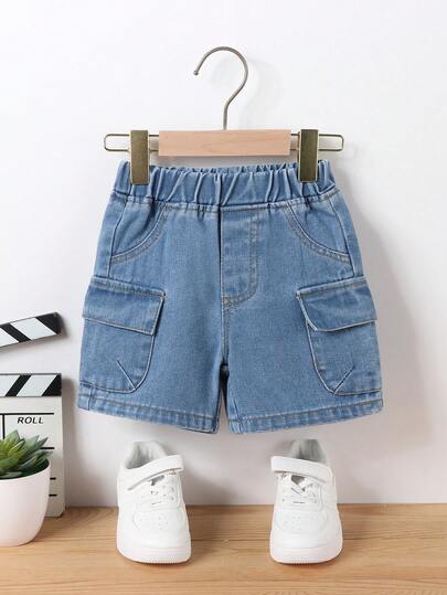 Infant/Toddler Boys' Denim Shorts, Summer New Arrival, Cute Casual Style, Light Denim Blue, Fashion Minimalist Cargo Pants Design, Retro Street, Patch Pockets, Suitable For Daily Casual, Vacation, Outdoor Activities, Playwear