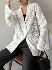 FRIFUL Women's Floral Lace Lapel NeckLong Sleeve Single-Breasted Elegant Blazer - White - View 4