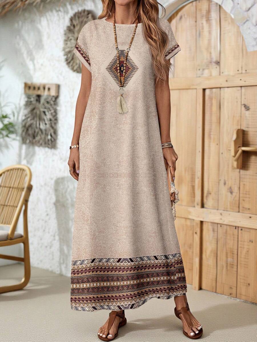 EMERY ROSE Đầm dài nữ phong cách Boho với họa tiết nhiều màu sắc, cổ tròn, tay cánh dơi ngắn, dáng xòe. - Nhiều màu - Xem 1