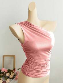 Elamini Áo kiểu ôm sát màu mơ, xếp ly, bất đối xứng vai, thời trang tối giản, thanh lịch, đa năng cho mặc hàng ngày và đi làm, mùa xuân/hè. - Màu Hồng baby - Xem 3