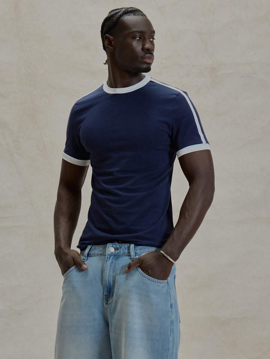 Musero 修身短袖圆领撞色领口和袖口细节基本款纯色上衣 - 彩色 - 查看 1