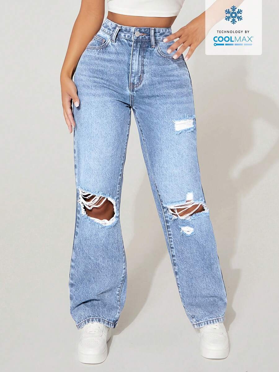 SHEIN PETITE Women's High Waist Pocketed Distressed Wide Leg Loose Casual Denim Jeans - Blue - View 1