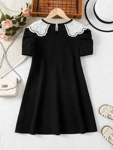 Sparklyn 少女休闲优雅可爱泡泡袖A字连衣裙，圆领蝴蝶结领口，绿色，适合春、夏、秋季、户外活动、上学、度假穿着 - 黑色 - 查看 2