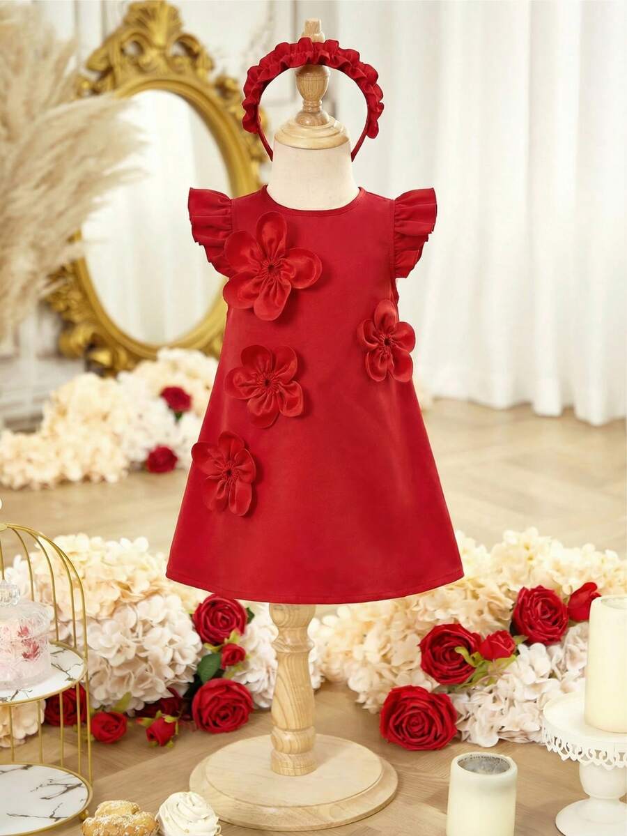 SHEIN 女婴纯色3D立体花卉装饰短袖可爱连衣裙 - 紅色 - 查看 1