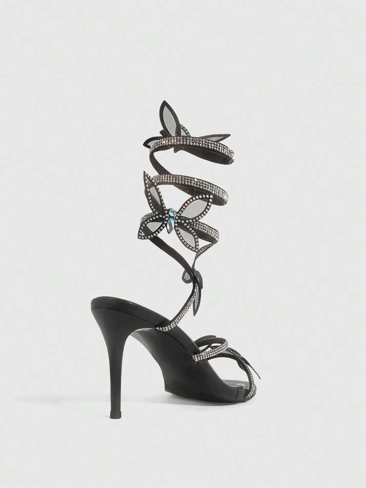 CUCCOO SZL Women Shoes Rhinestone Wrap Butterfly Rhinestone High Heel Sandals Prom Heels