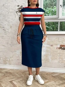 EMERY ROSE 春夏休闲度假风航海条纹印花上衣搭配蓝色半裙，简约大码女装两件套 - 彩色 - 查看 3