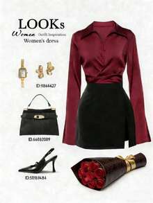 SHEIN Franclia Bộ áo sơ mi nữ + chân váy ngắn xẻ tà màu đen, trang phục công sở thanh lịch. - Màu Đỏ Sâu - Xem 1