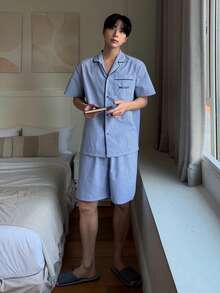 DAZY 格子蓝衬衫搭配男士休闲家居服，夏季 - 彩色 - 查看 6