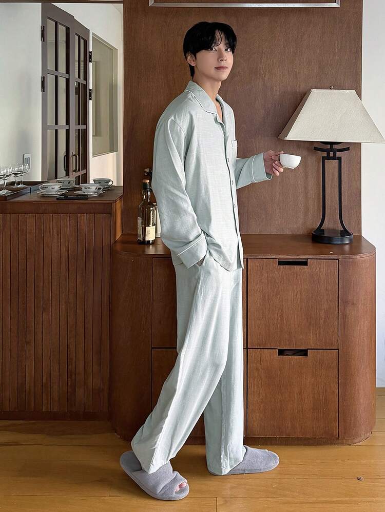 Green Long Sleeve Shirt And Pants Men's Pajama Set, Spring