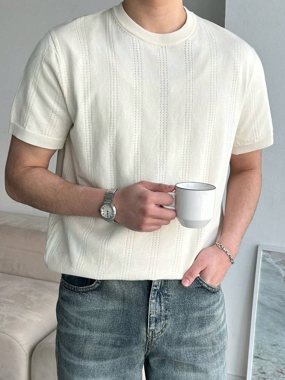 Men's Casual Solid Beige Round Neck T-Shirt, Summer