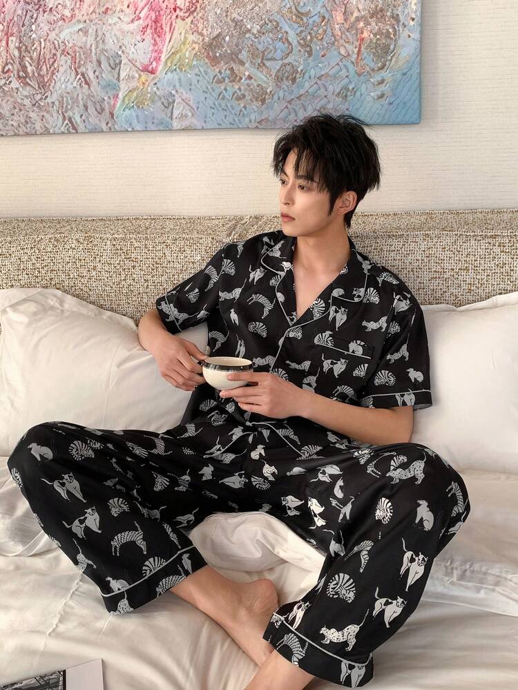 Men's Floral Print Short Sleeve Shirt And Pants Pajama Set, Spring/Summer