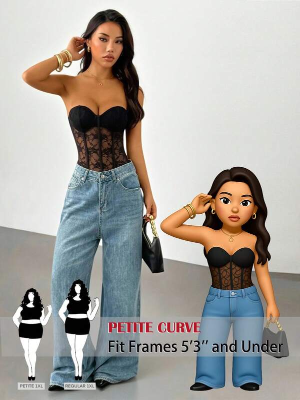 SHEIN PETITE CURVE Plus Size Solid Color Lace Patchwork Strapless Bodysuit