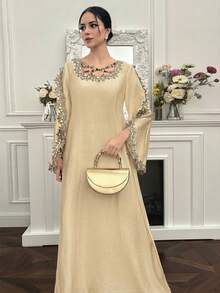 Yasmyna Đầm dài tay thanh lịch kiểu Ả Rập dành cho nữ, thiết kế đan chéo đính kết. - Màu Khaki - Xem 4