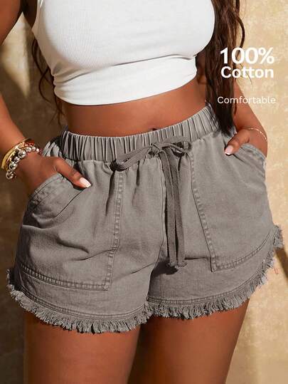 SHEIN SXY Pantalones cortos de mujer talla grande de primavera/otoño con nuevo estilo retro lavado vintage, cintura elástica y dobladillo con flecos, adecuados para uso diario, festivales de música, conciertos, fiestas de carnaval, vacaciones en la playa, citas, cumpleaños, despedidas de soltera, clubes, look lindo y casual, compras, ropa de calle, salidas, fácil de combinar y estiliza la figura, resalta tu Body