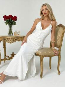 Aloruh Đầm bodycon màu trắng lưới, cổ yếm buộc dây, họa tiết hoa 3D thủ công, cổ chữ V sâu, xẻ tà cao, thích hợp cho mùa cưới. - trắng - Xem 1