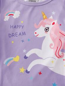 Conjunto de pijama de 4 piezas para niñas pequeñas con estampado de unicornio y estrella arcoíris, incluye top de manga corta y pantalones cortos, suave y cómodo - Multicolor - Ver 8
