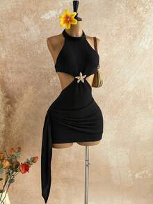 Soleia 新款度假风露背镂空腰部系带修身迷你连衣裙，波西米亚风，度假风，秋季女装，复古风，假日风 - 黑色 - 查看 5