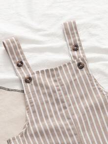 SHEIN Toddler Boys' Striped Casual Retro Minimalist Comfortable Versatile Bib Pants, Summer - Khaki - View 3