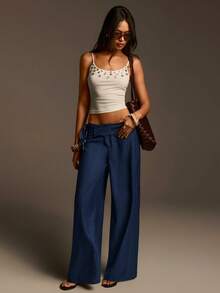 Athîral Pantalones anchos casuales de mujer con cintura con cordón, diseño de pliegue en la cintura, ajuste holgado, tela tejida cómoda y suave, casual para mujer, pantalones casuales para mujer, playa, vacaciones de primavera, mujer de primavera, vacaciones de verano, pantalones de playa, pantalones azules, vacaciones de verano, verano para mujer, vacaciones para mujer - Azul - Ver 2