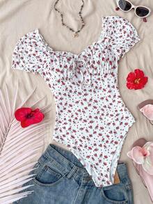 SHEIN 少女碎花泡泡袖荷叶边休闲连体裤 - 紅白色 - 查看 7