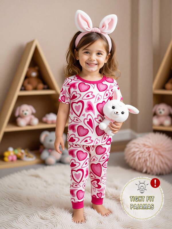 1 Set Baby Girls' Tight Fit Pajamas, Pop Art Heart Print Color Block Crew Neck Short Sleeve Top And Pants, Spring/Summer