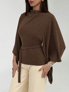 Aloruh 女士纯色立领喇叭袖系带时尚衬衫 - 咖啡棕 - 查看 6