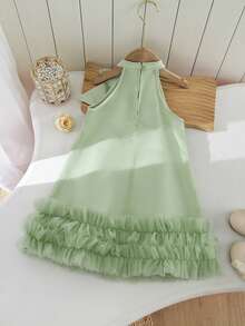 年轻女孩优雅可爱的绿色网纱蝴蝶结无袖连衣裙 - 綠色 - 查看 2